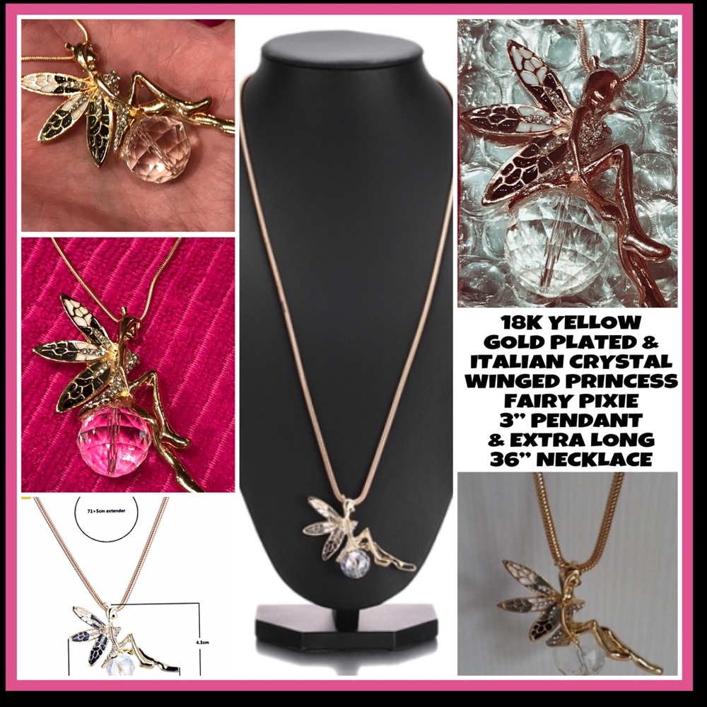 NWT! 18KYGP 3” WINGED FAIRY PIXIE PENDANT 36”CHAIN